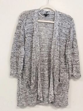Torrid 2X Marled Knit Open Front 3/4 Sleeve Cardigan Sweater Black White